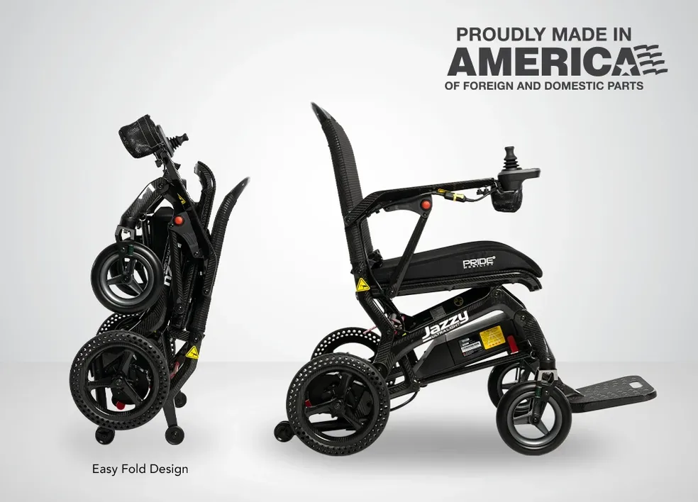 Folded black mobility scooter shown from side views, with “Proudly Made in America” text above.