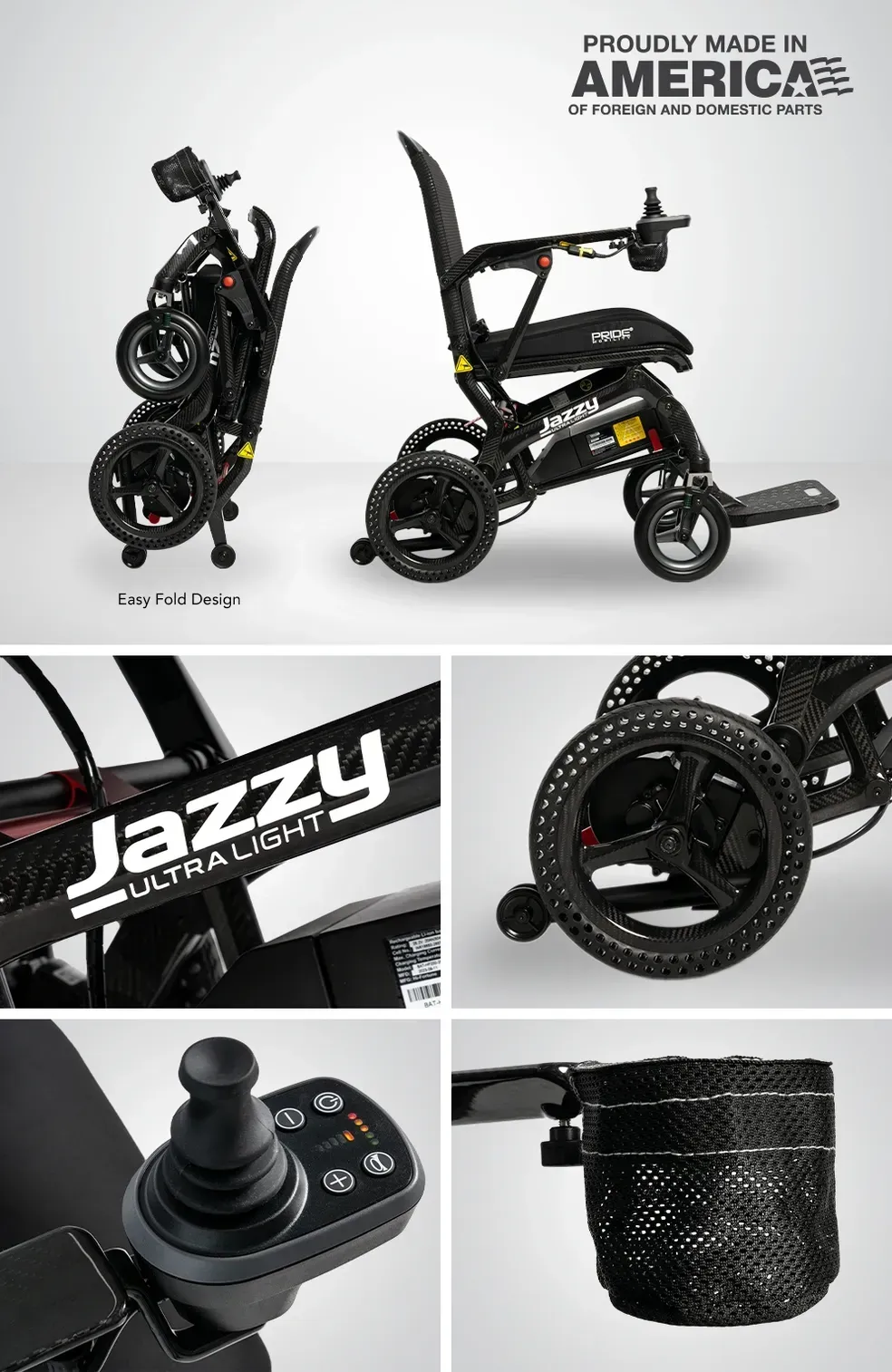 Collage of a black Jazzy motorized wheelchair with close-ups of controls, wheel, and storage basket