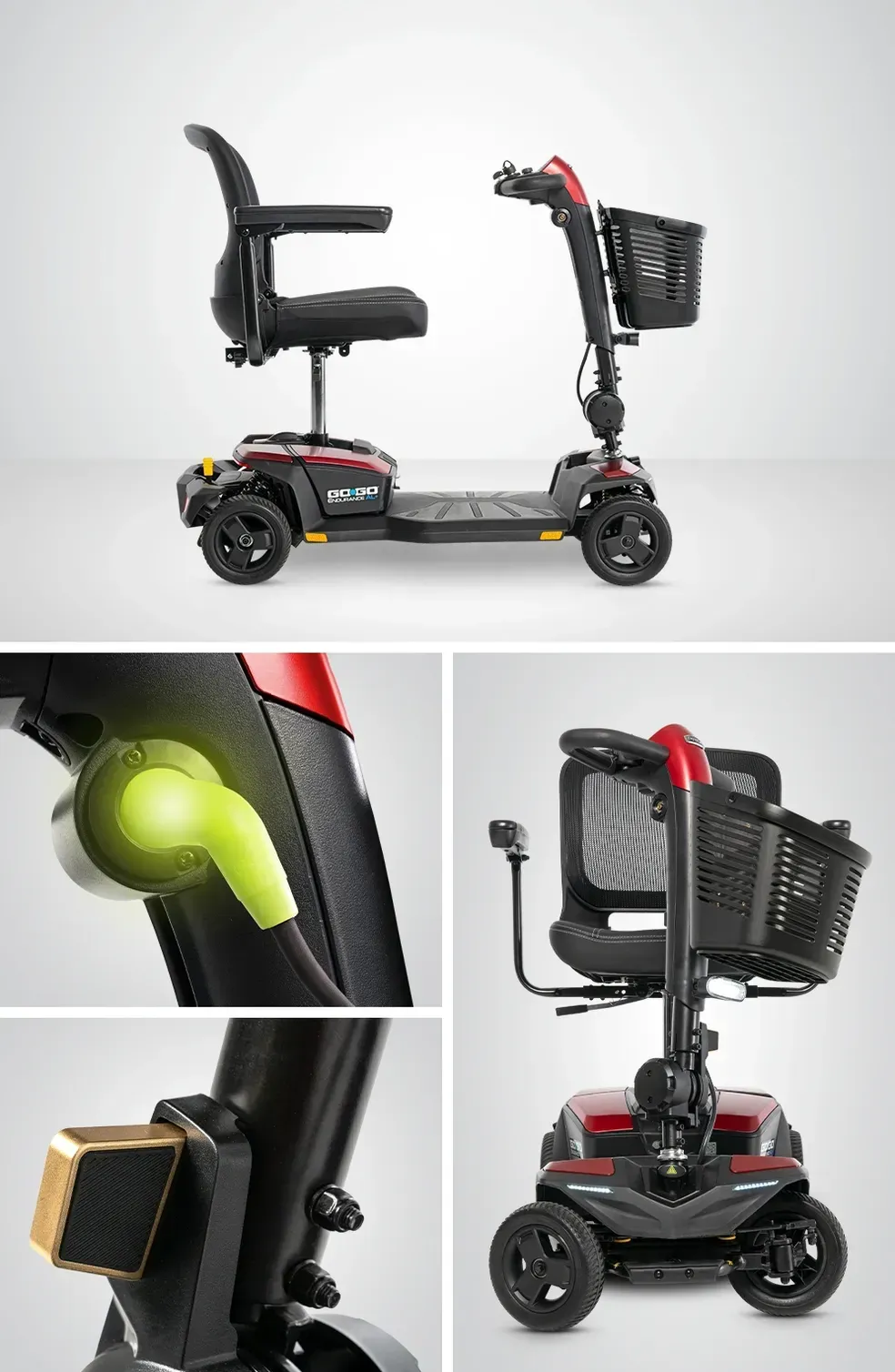 Black three-wheel mobility scooter with seat, basket, and glowing front light, shown from side and detail views