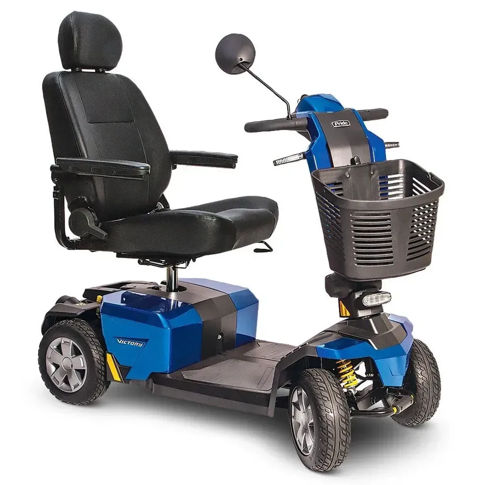 Blue electric mobility scooter with black seat, front basket, and mirror on a white background