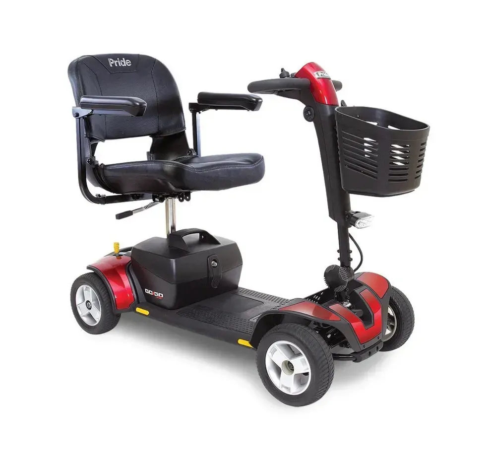 Black mobility scooter with seat, basket, and red accents on a white background