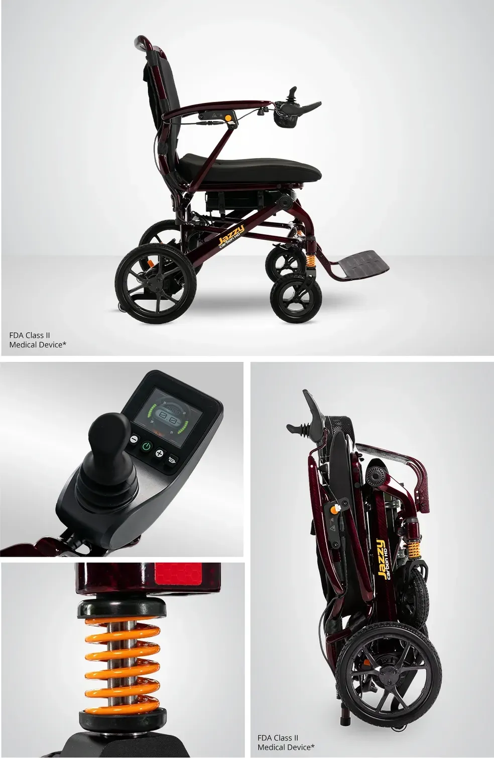 Collage of a black-and-red mobility scooter with a joystick, suspension spring, and side folded view