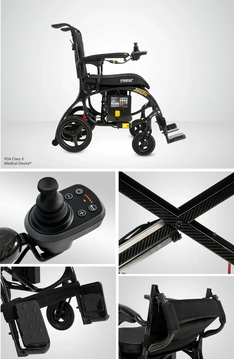 Black foldable electric wheelchair with joystick controller and detail close-ups on white background