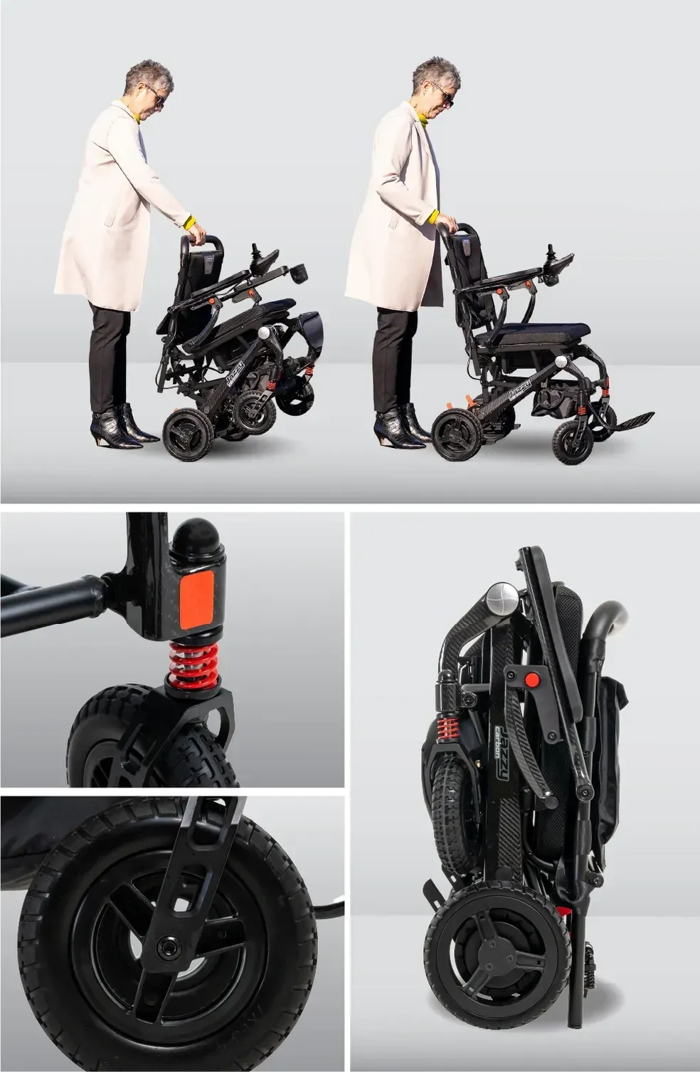 Foldable black mobility scooter in multiple views, showing compact collapsed and upright positions with details.