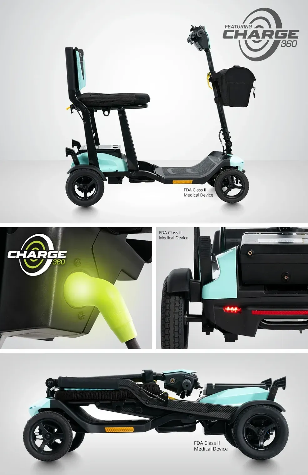 Black electric scooter with seat, foldable stem, and rear storage bag shown in three product views