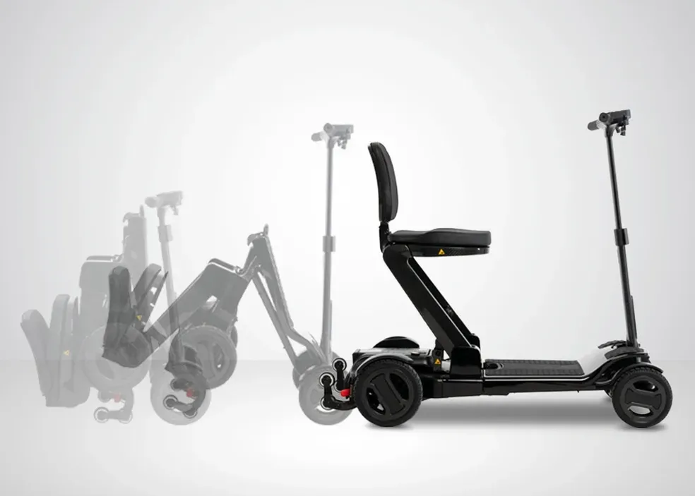 Foldable black mobility scooter shown collapsed and upright on a white background
