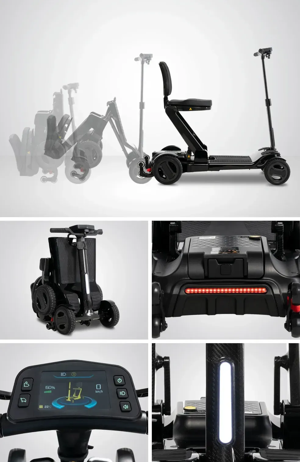 Foldable electric mobility scooter shown in black, with controls and folded storage views.