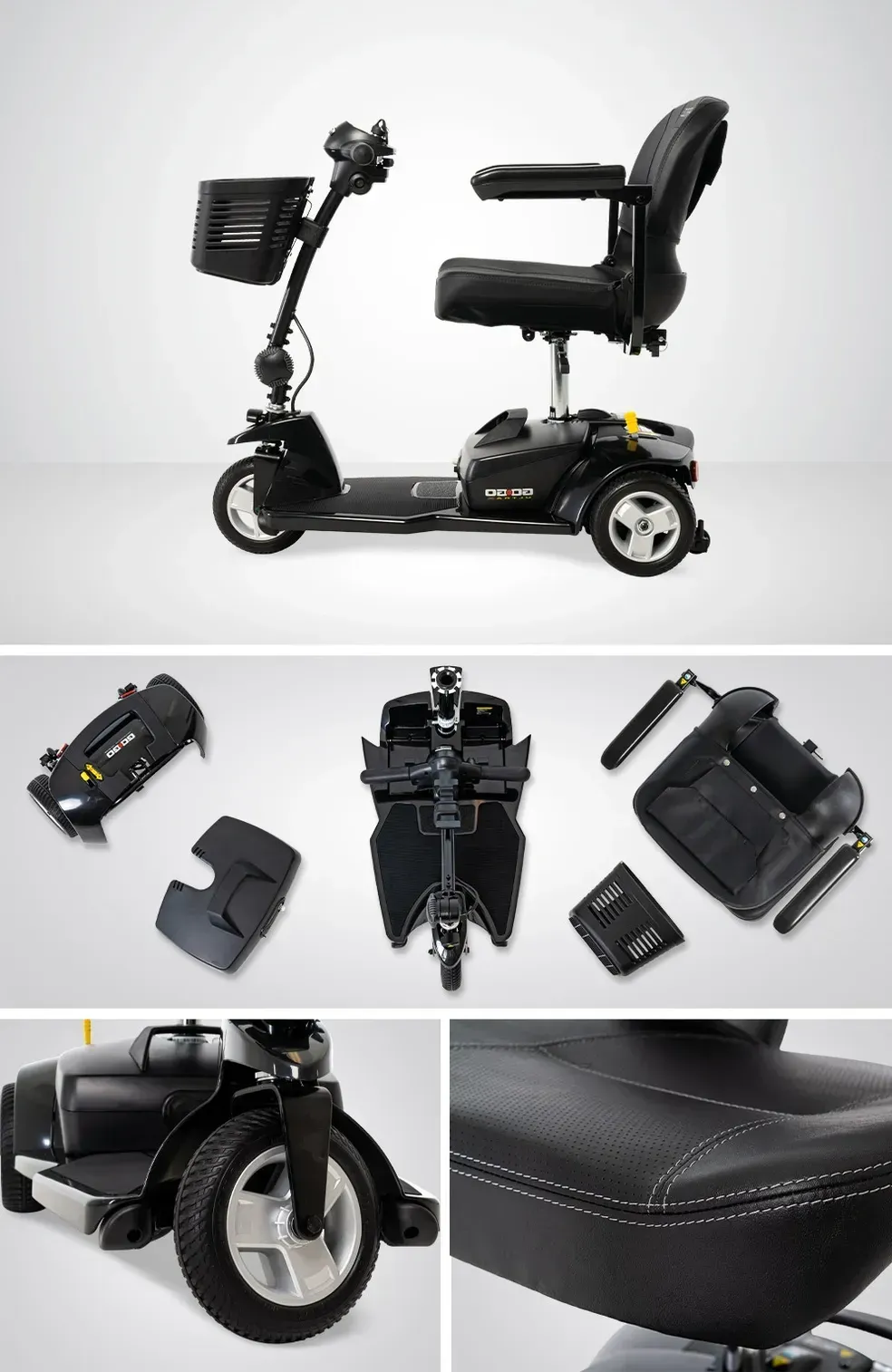 Black four-wheel mobility scooter with seat and controls, shown with folded and close-up details on a white background