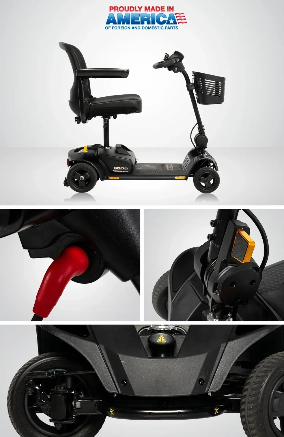 Black electric mobility scooter with seat, basket, and red brake lever, shown in product collage.