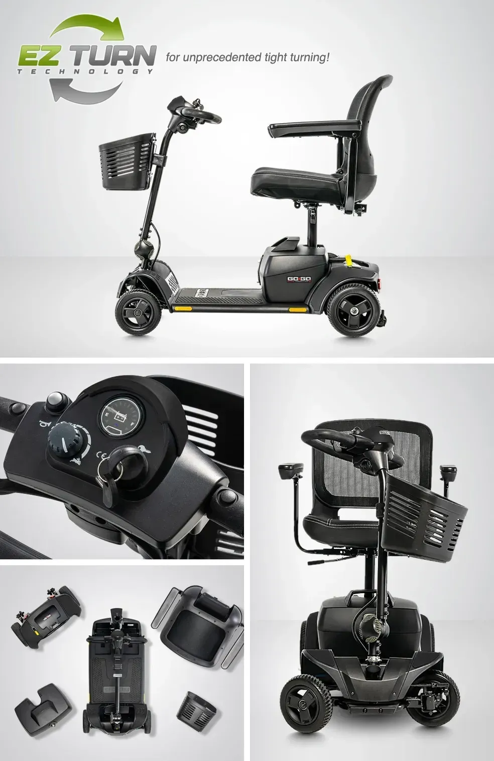 Compact black electric scooter with seat and front basket, shown from side, controls, and folded views