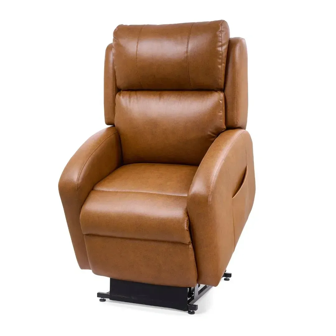 Brown leather recliner chair on a black base, isolated on a white background