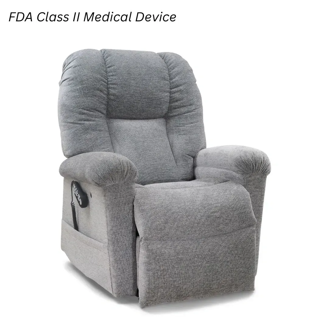 Gray plush recliner chair with footrest, labeled FDA Class II Medical Device