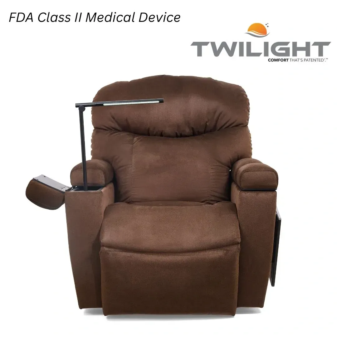 Brown reclining chair lift with side controls and overhead lamp, labeled Twilight FDA Class II medical device