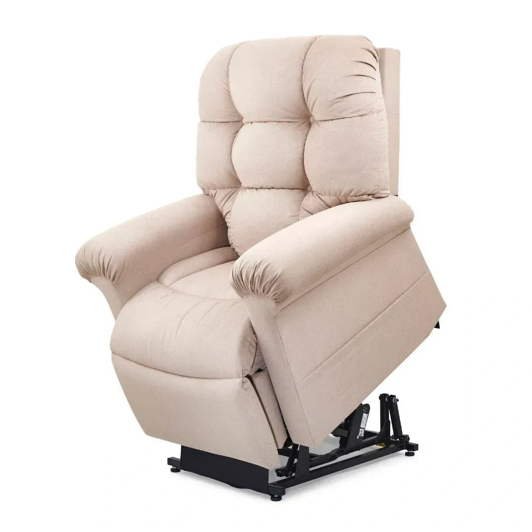 Beige cushioned recliner chair with padded arms and black lifting mechanism on a white background