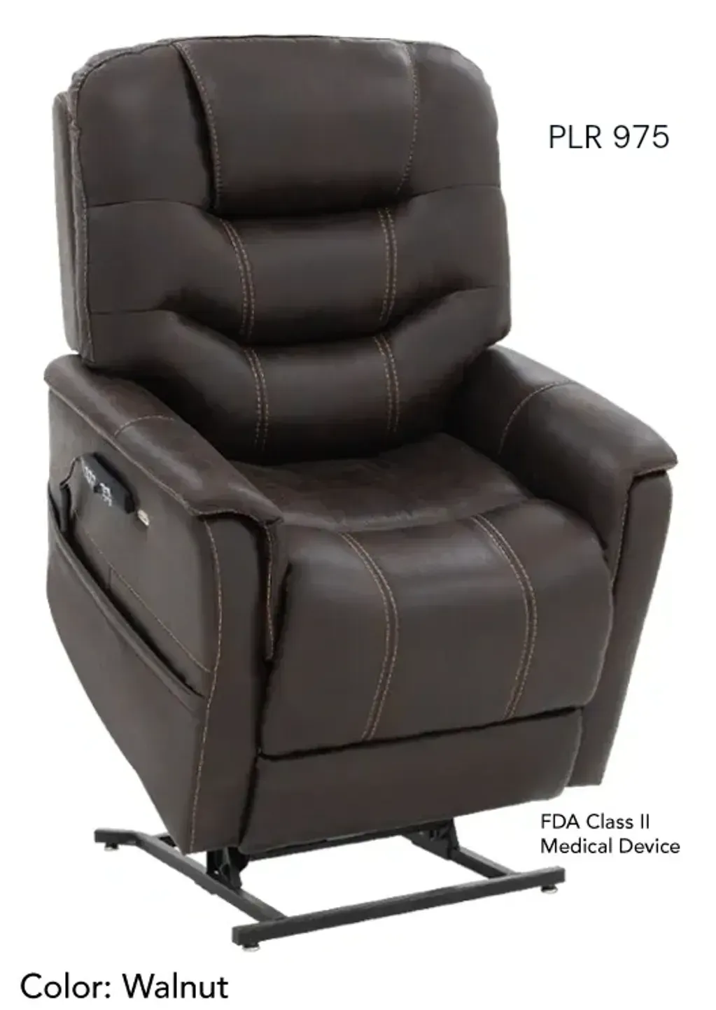 Brown power lift recliner chair with side pocket, labeled Walnut PLR 975.