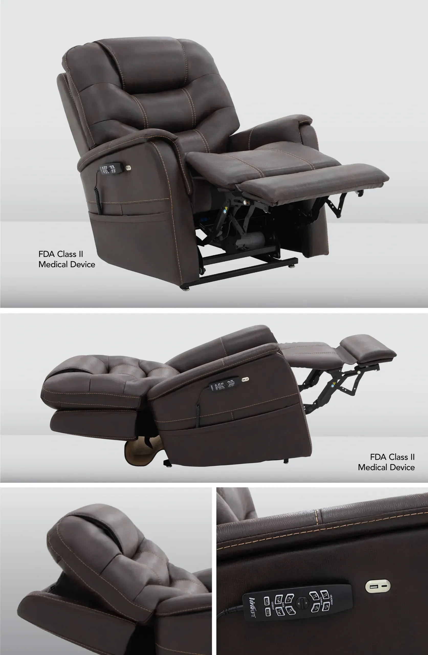 Dark brown power recliner chair with footrest extended and side controls, shown from multiple angles