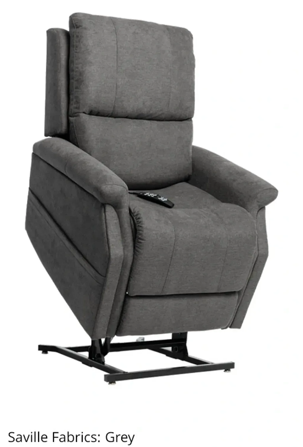 Grey fabric power recliner chair with padded headrest and armrests on a metal base