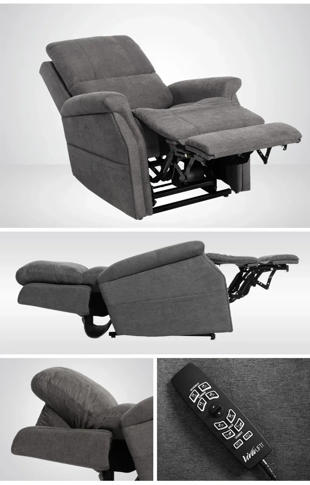 Gray reclining lift chair shown in extended and side views with hand remote control