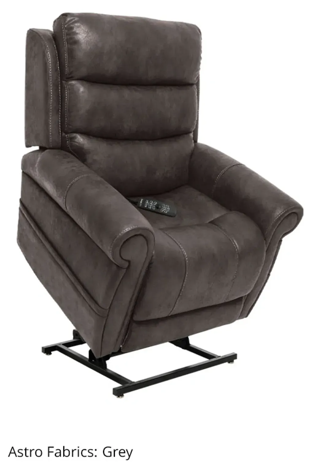 Gray upholstered reclining lift chair with padded arms and high back.
