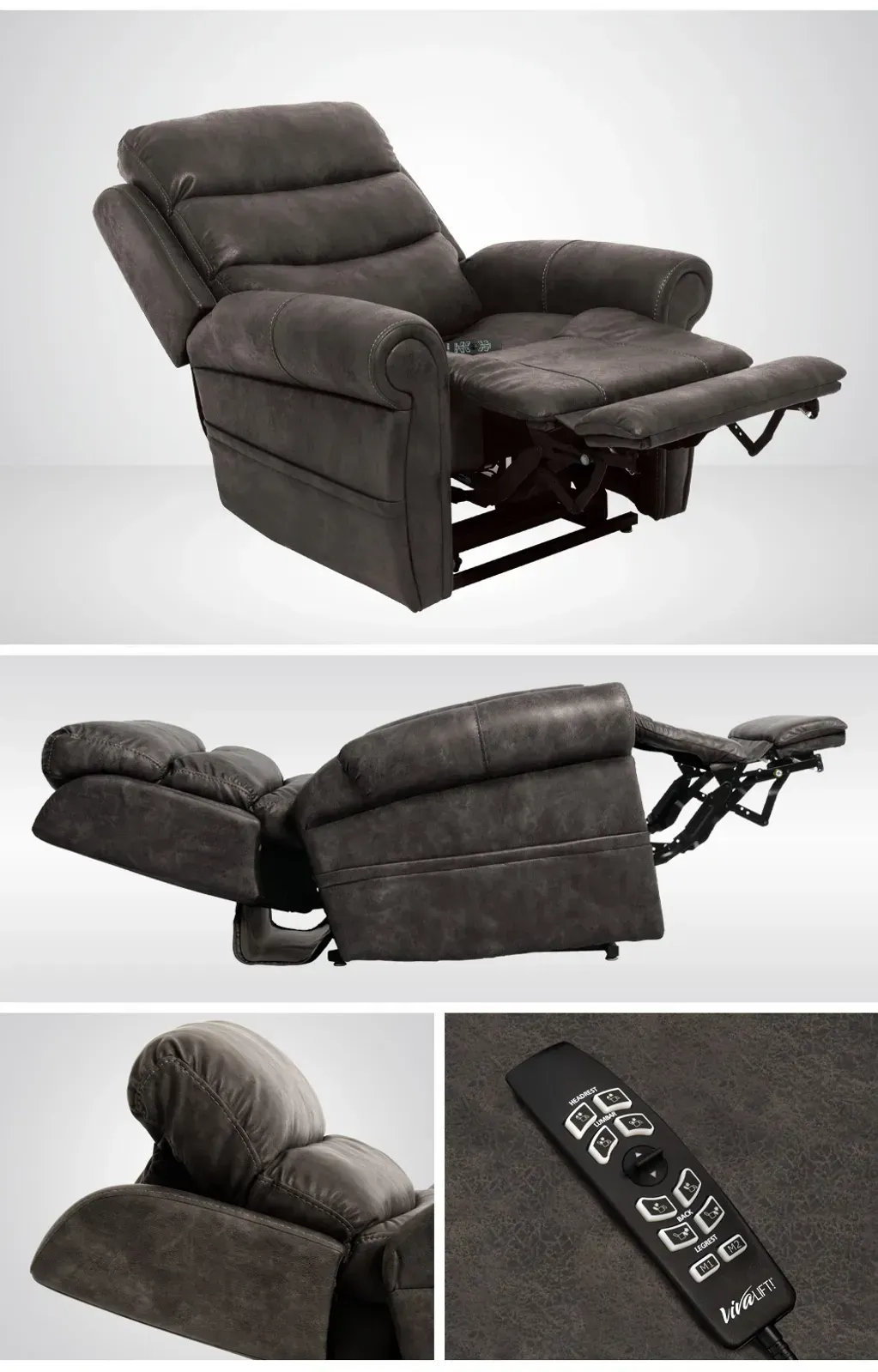 Gray reclining lift chair shown in multiple views, with side controls and extended footrest
