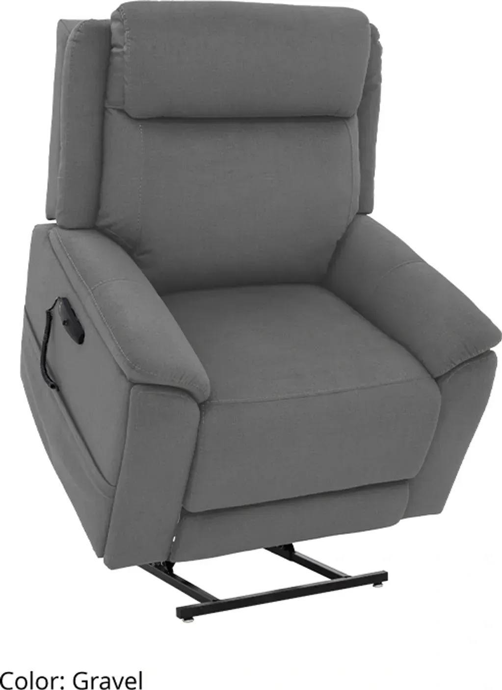 Gray upholstered recliner chair with padded arms and footrest, shown in a product image.