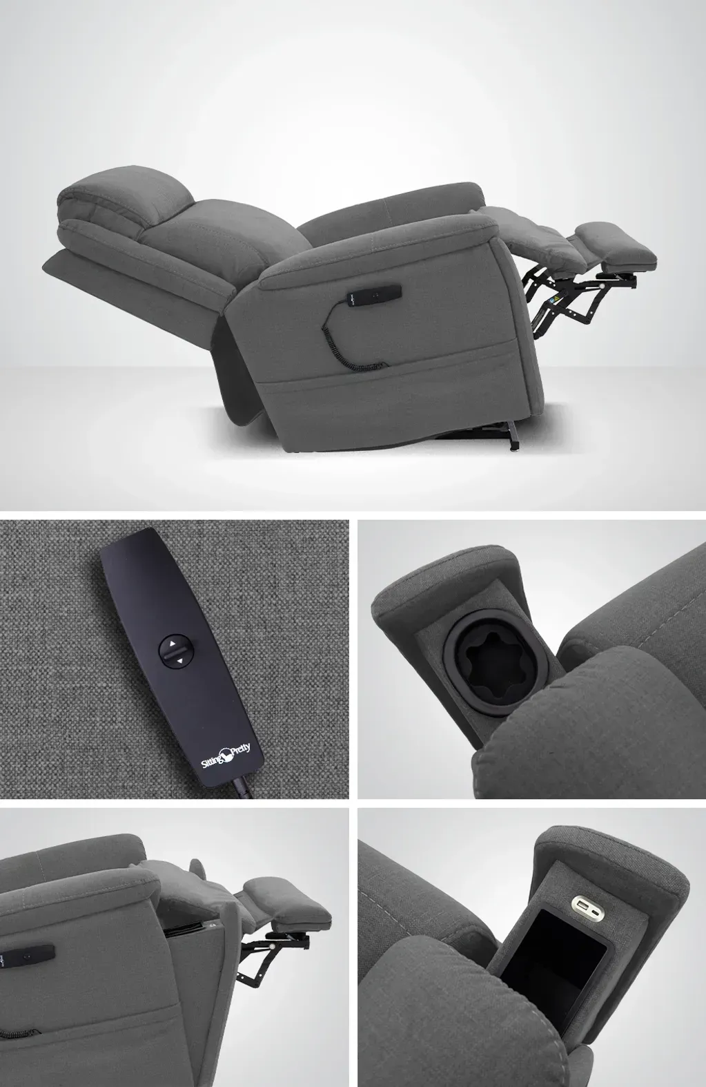 Gray reclining lift chair with side pocket and remote control shown in close-up insets