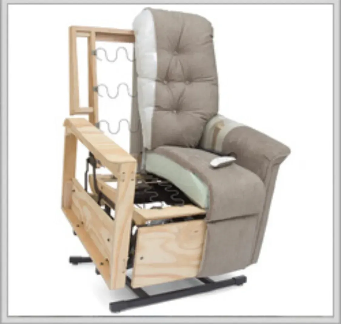 Beige lift chair with exposed wooden side frame and padded backrest, shown on a white background
