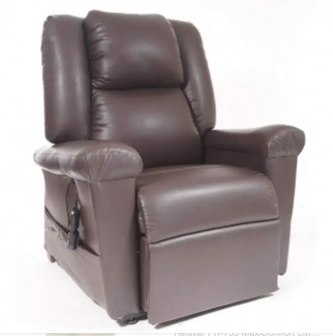 Brown leather recliner chair with padded arms and footrest on a white background