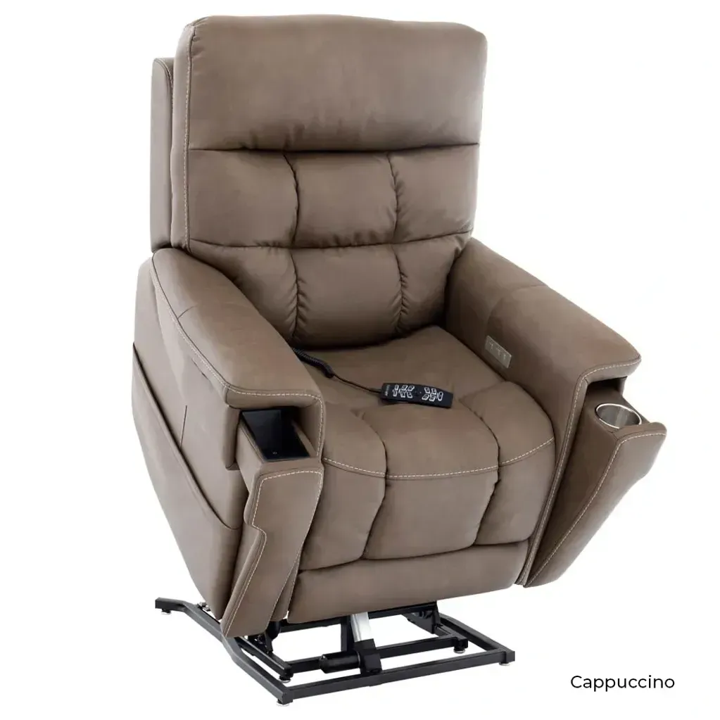 Brown leather reclining lift chair with side pockets, remote control, and black metal base