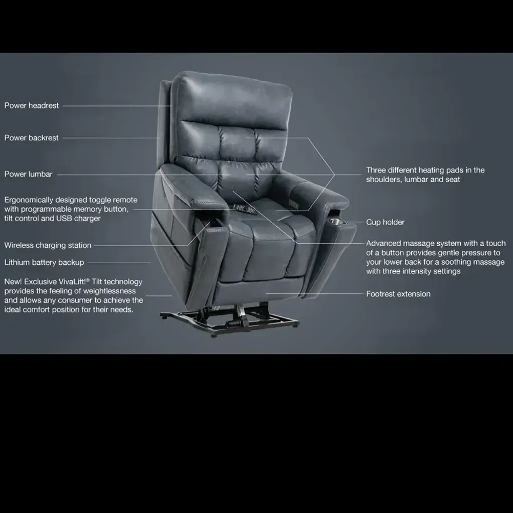 Annotated black leather recliner chair with labeled features on a dark background