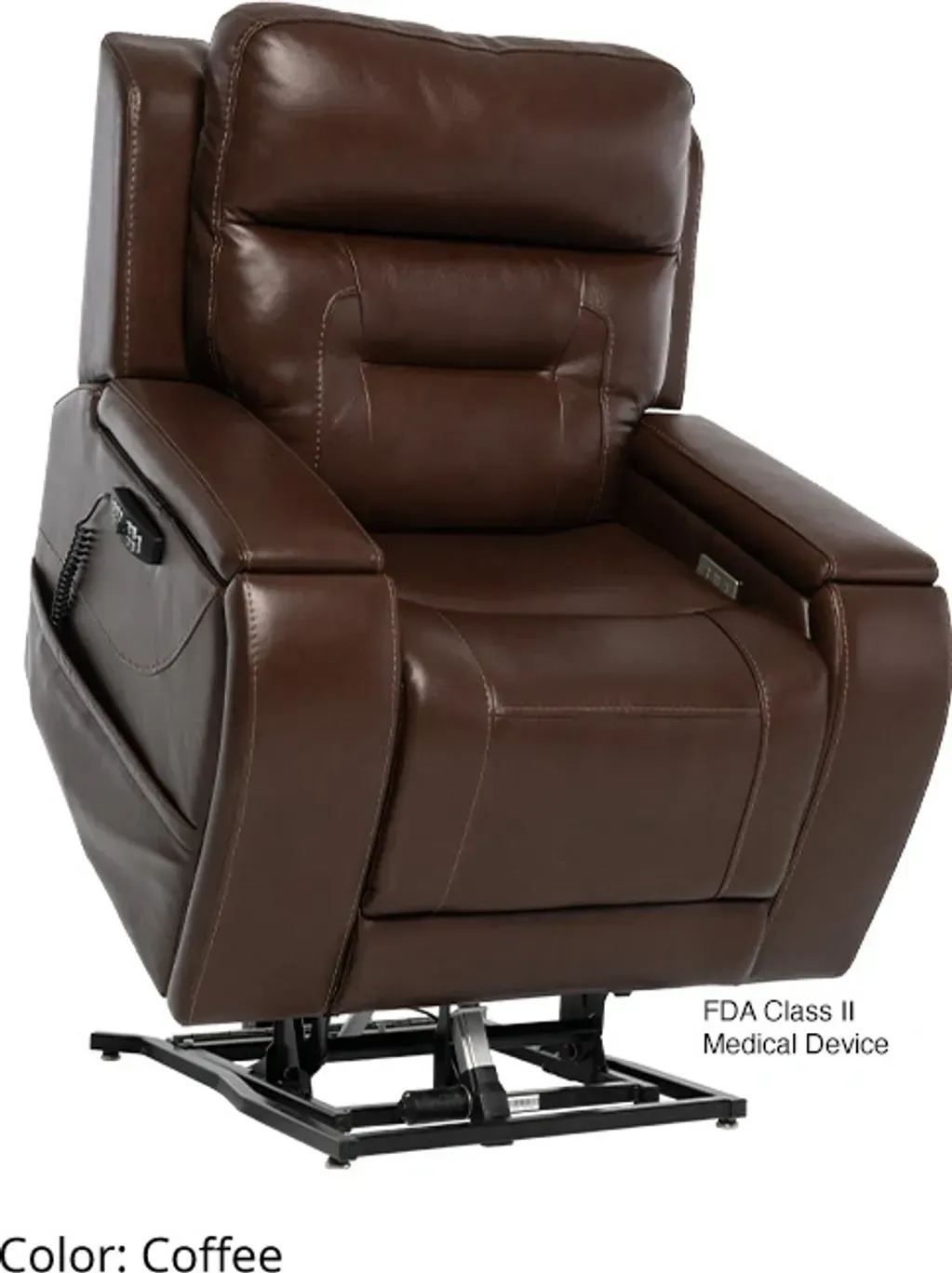 Brown leather recliner lift chair with black metal base; labeled FDA Class II medical device.