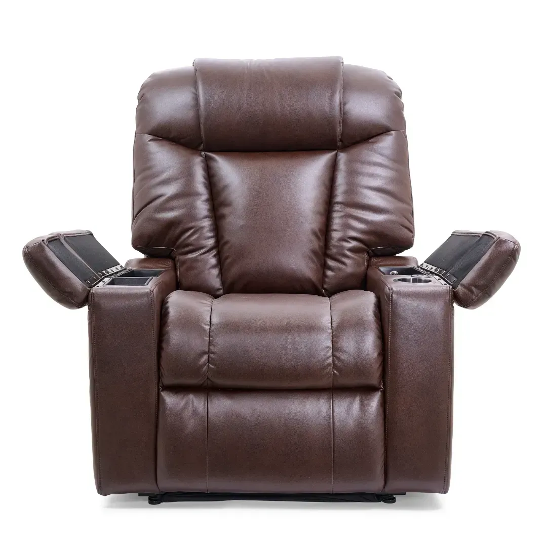 Brown leather recliner chair with padded armrests and high back