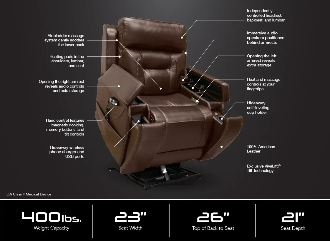 Brown leather recliner chair with labeled features and measurements on a dark background