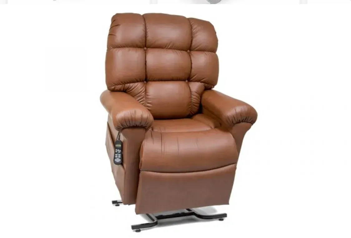 Brown leather reclining chair with padded backrest, armrests, and footrest on a white background
