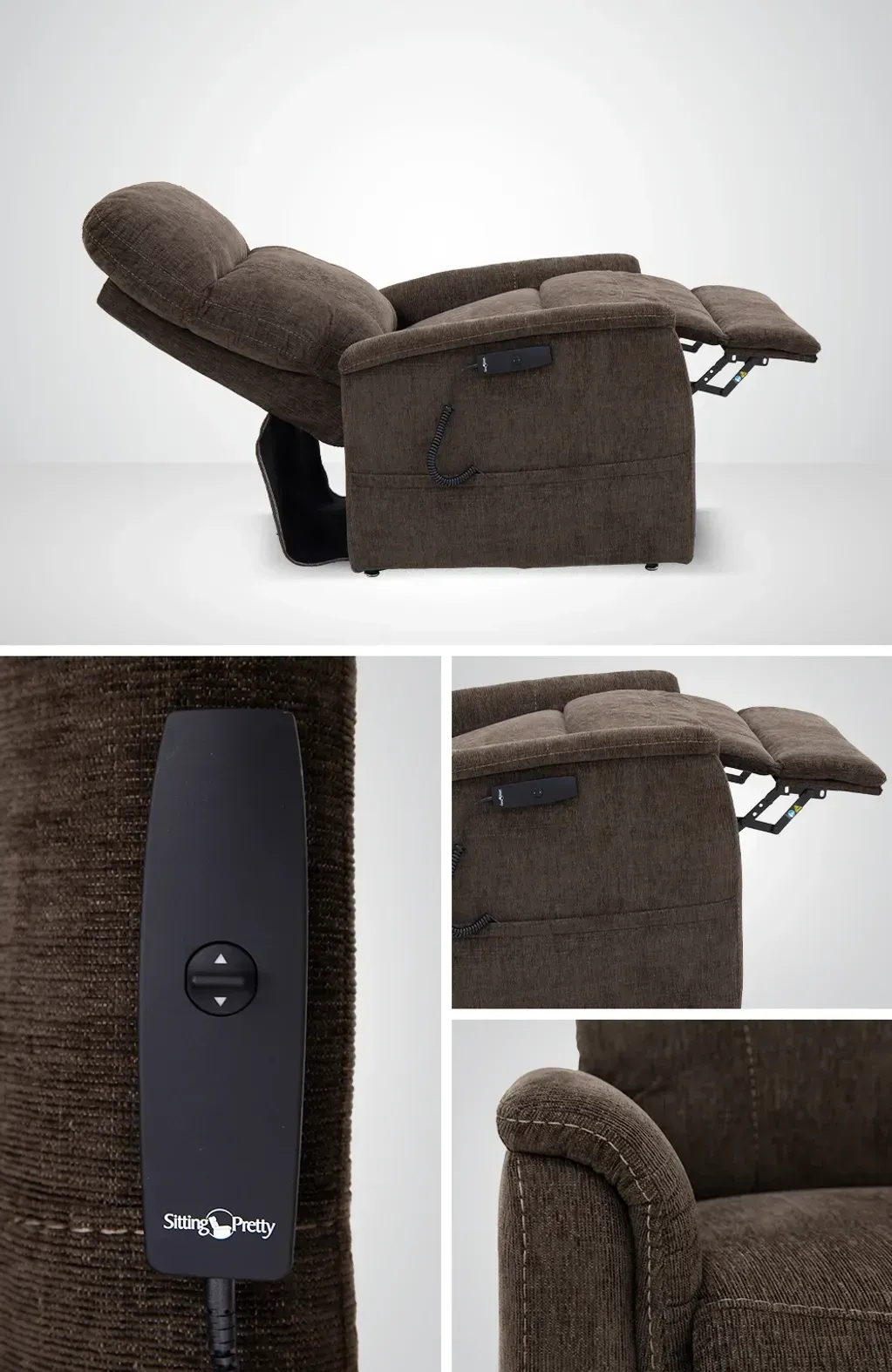 Brown reclining power lift chair with side control and extended footrest, shown in three views.