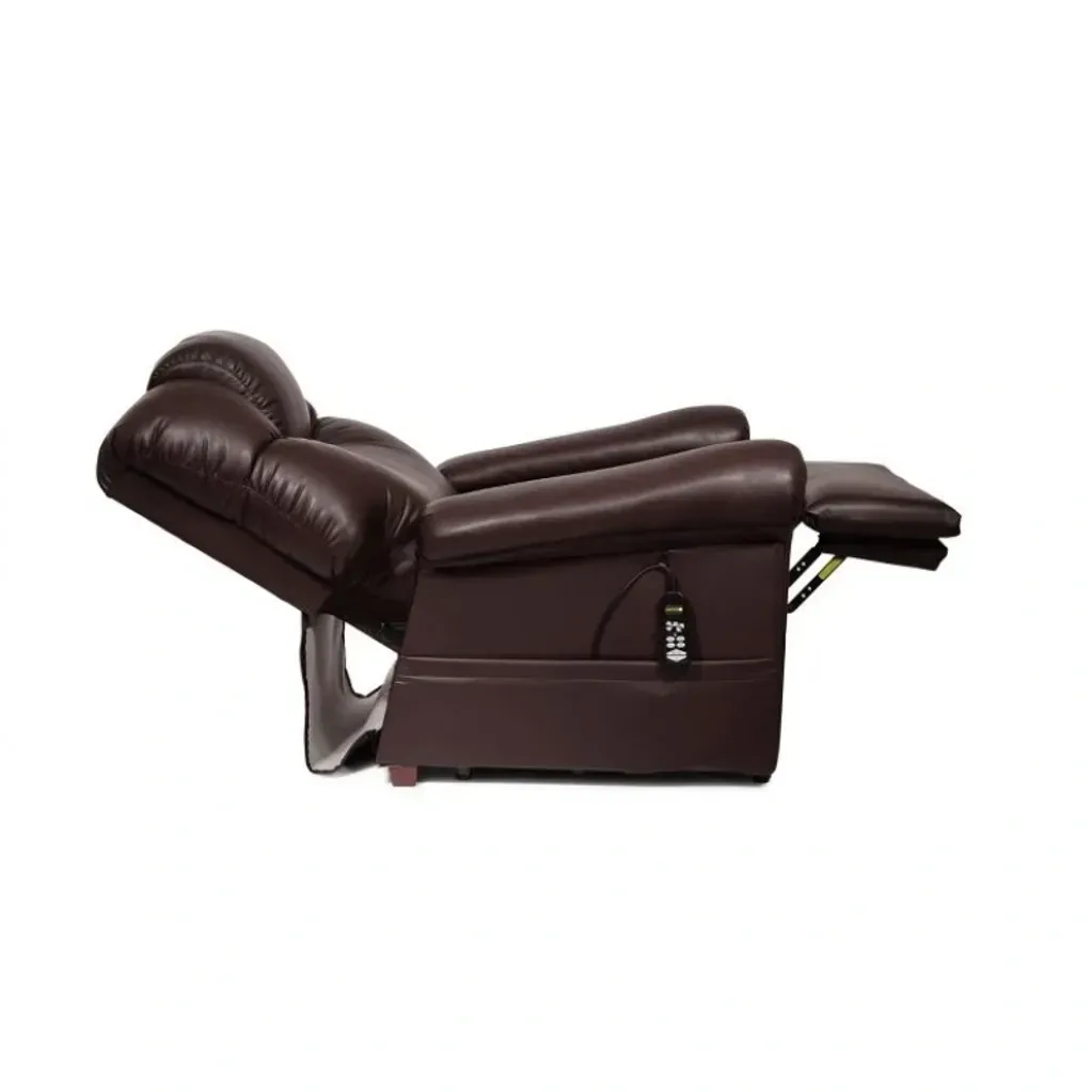 Dark brown leather recliner chair with footrest, shown in side view on a white background