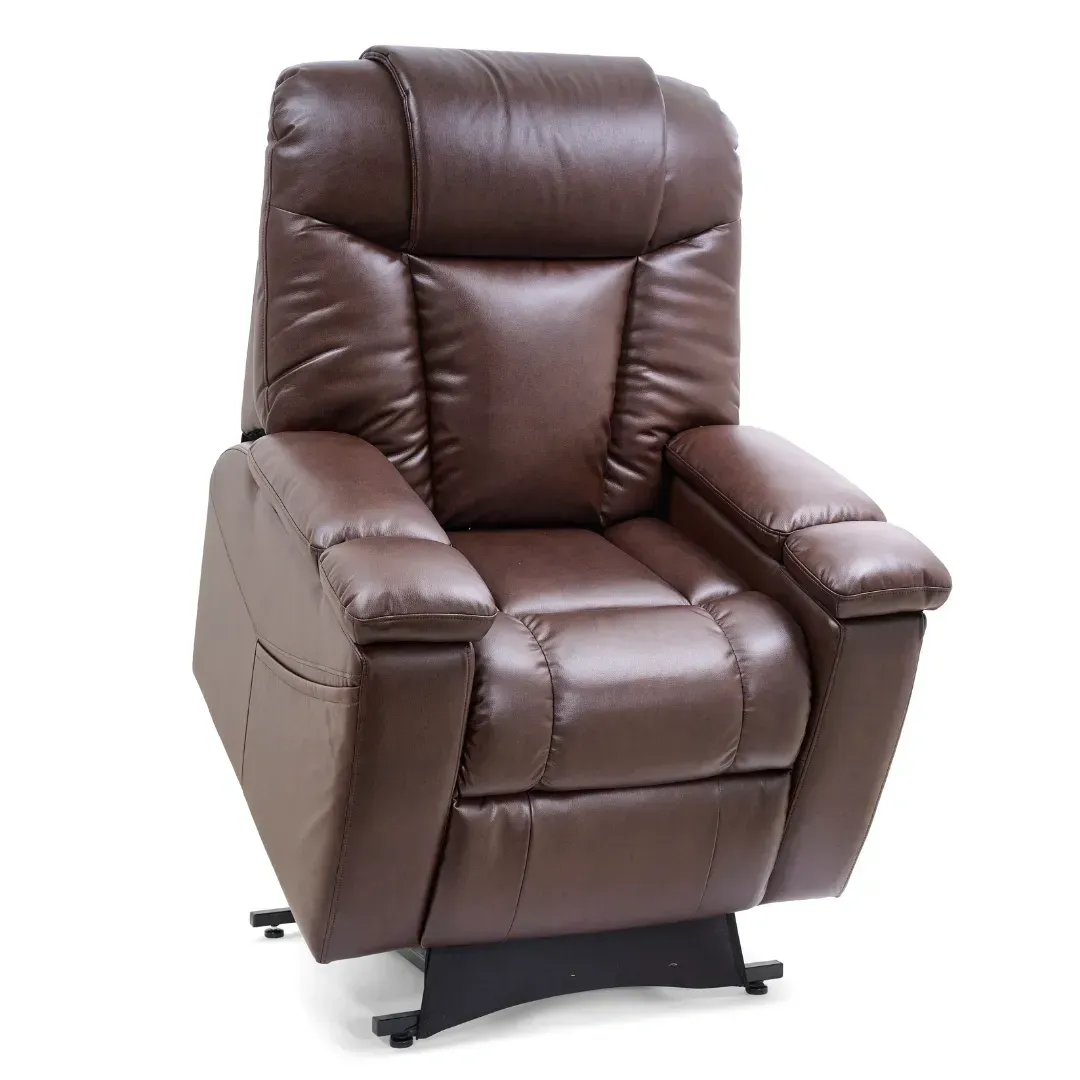 Brown leather reclining armchair with padded armrests and dark base