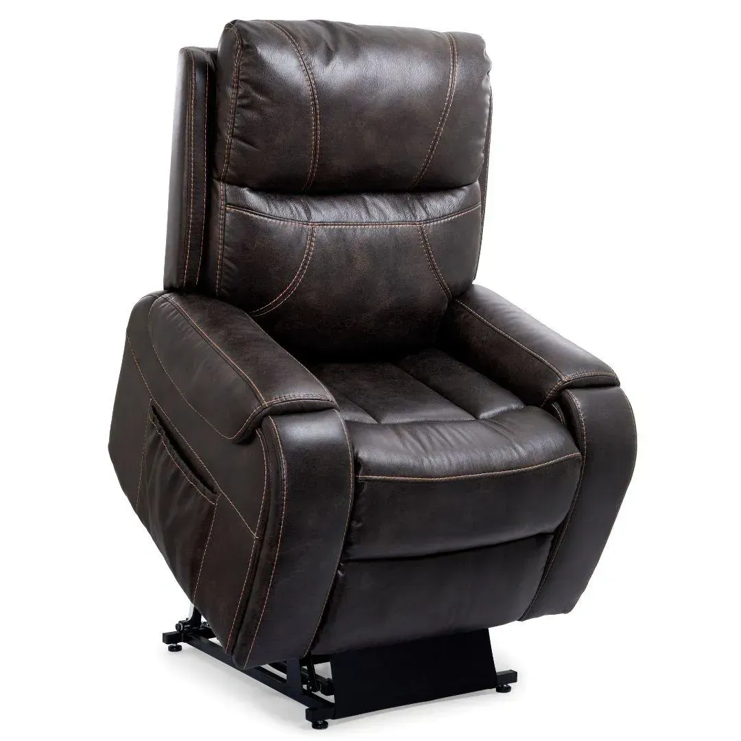 Dark brown leather recliner chair with padded arms and footrest, shown on a white background