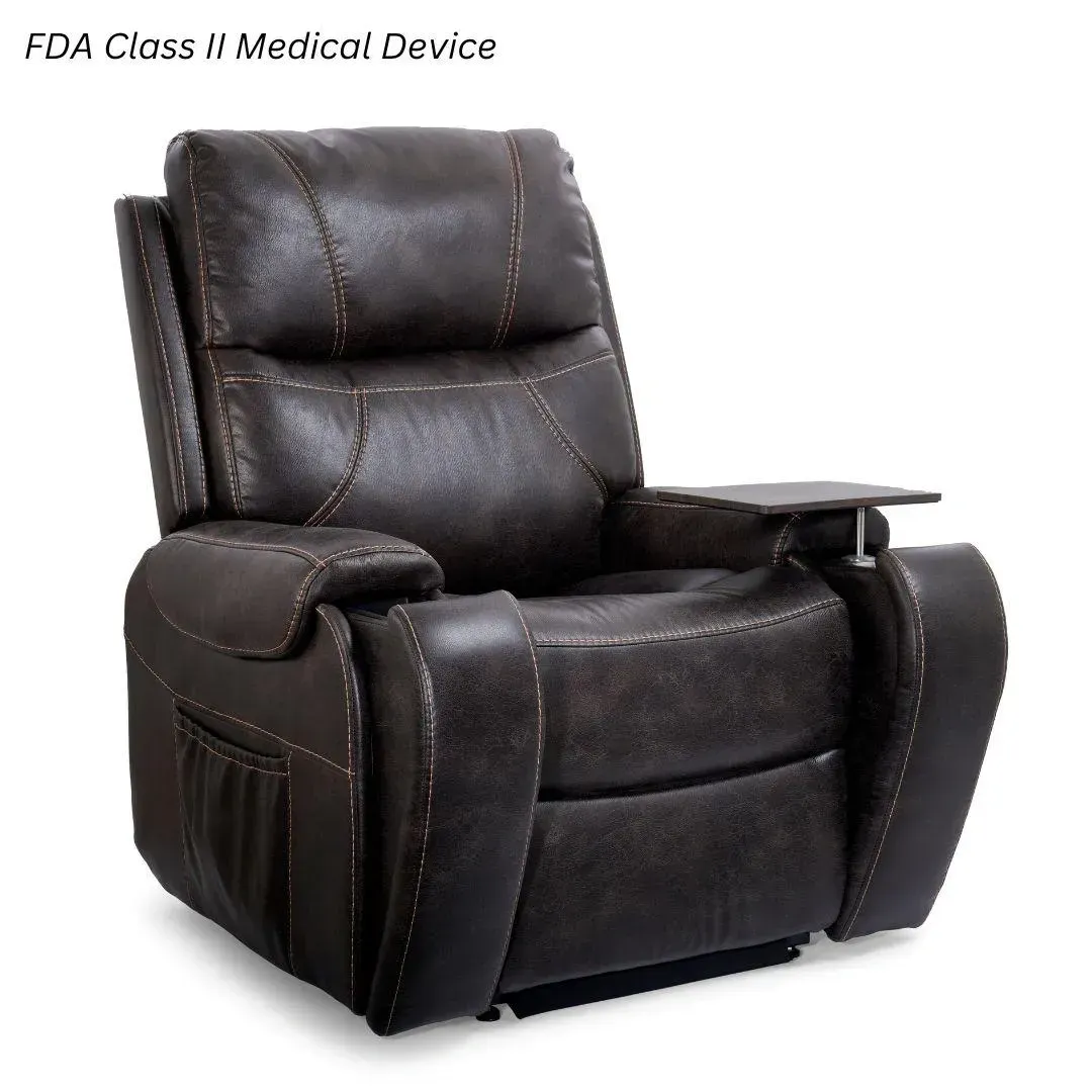 Black leather recliner chair with padded cushions and side table, labeled FDA Class II Medical Device