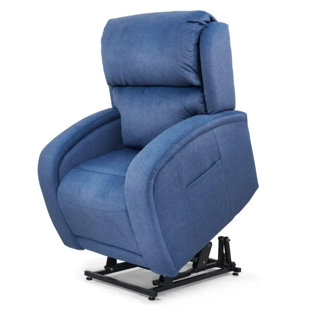 Blue upholstered recliner chair with a high back and black metal base