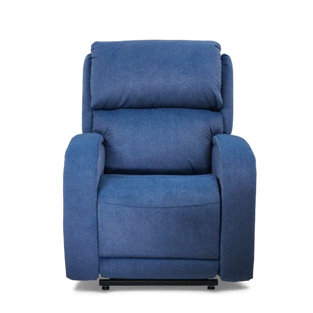 Blue upholstered recliner chair with padded armrests and headrest, front view