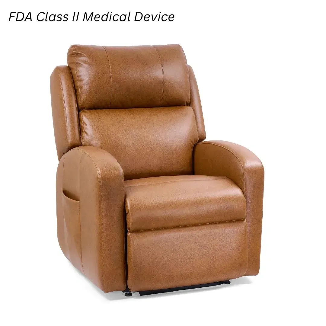 Brown leather recliner chair labeled FDA Class II medical device on white background