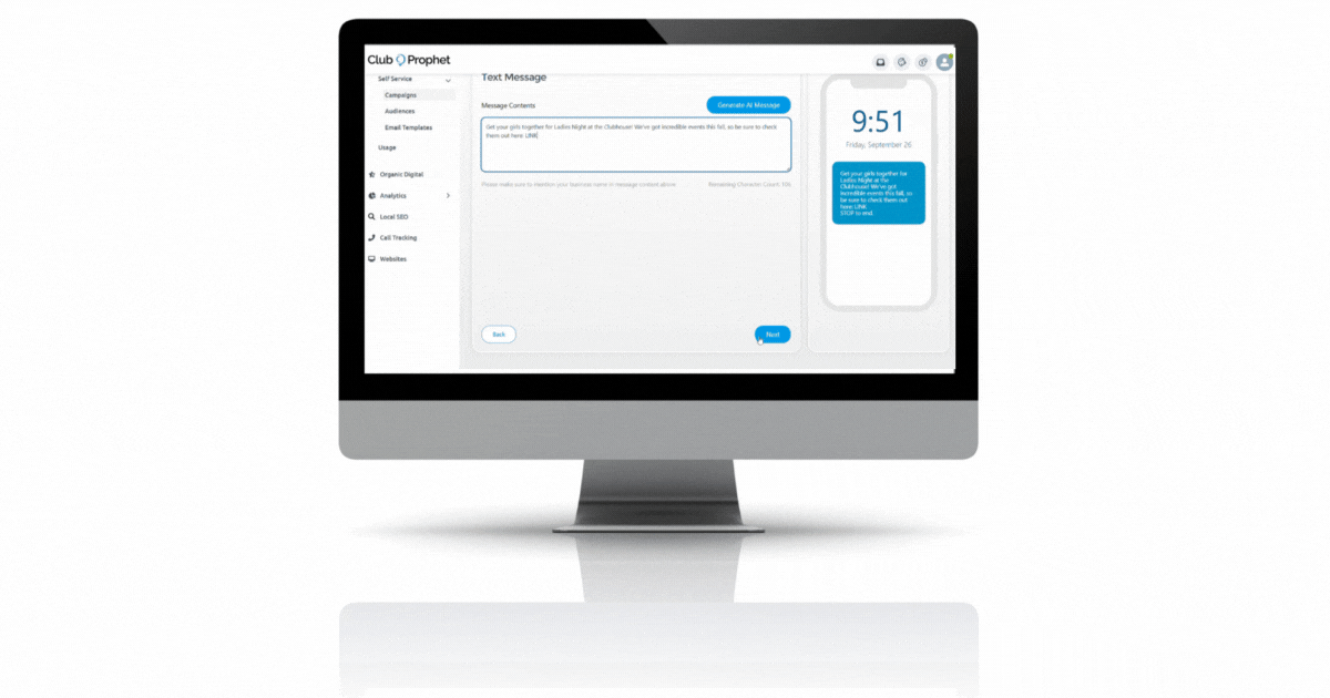 Desktop monitor displaying a software dashboard for managing text message communications with a mobile device preview.