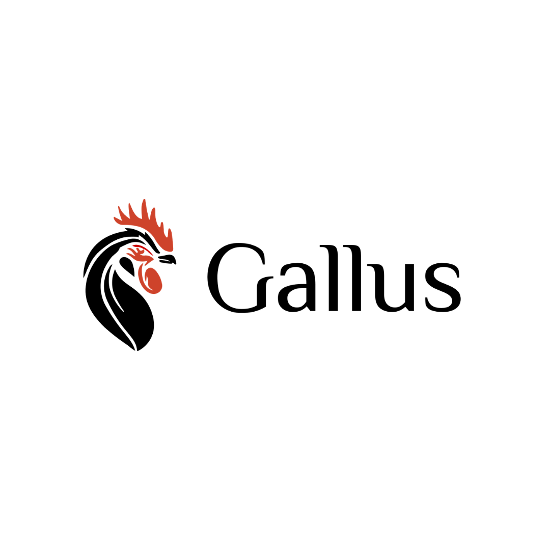 The Gallus logo features a stylized black and red rooster head graphic next to the word 