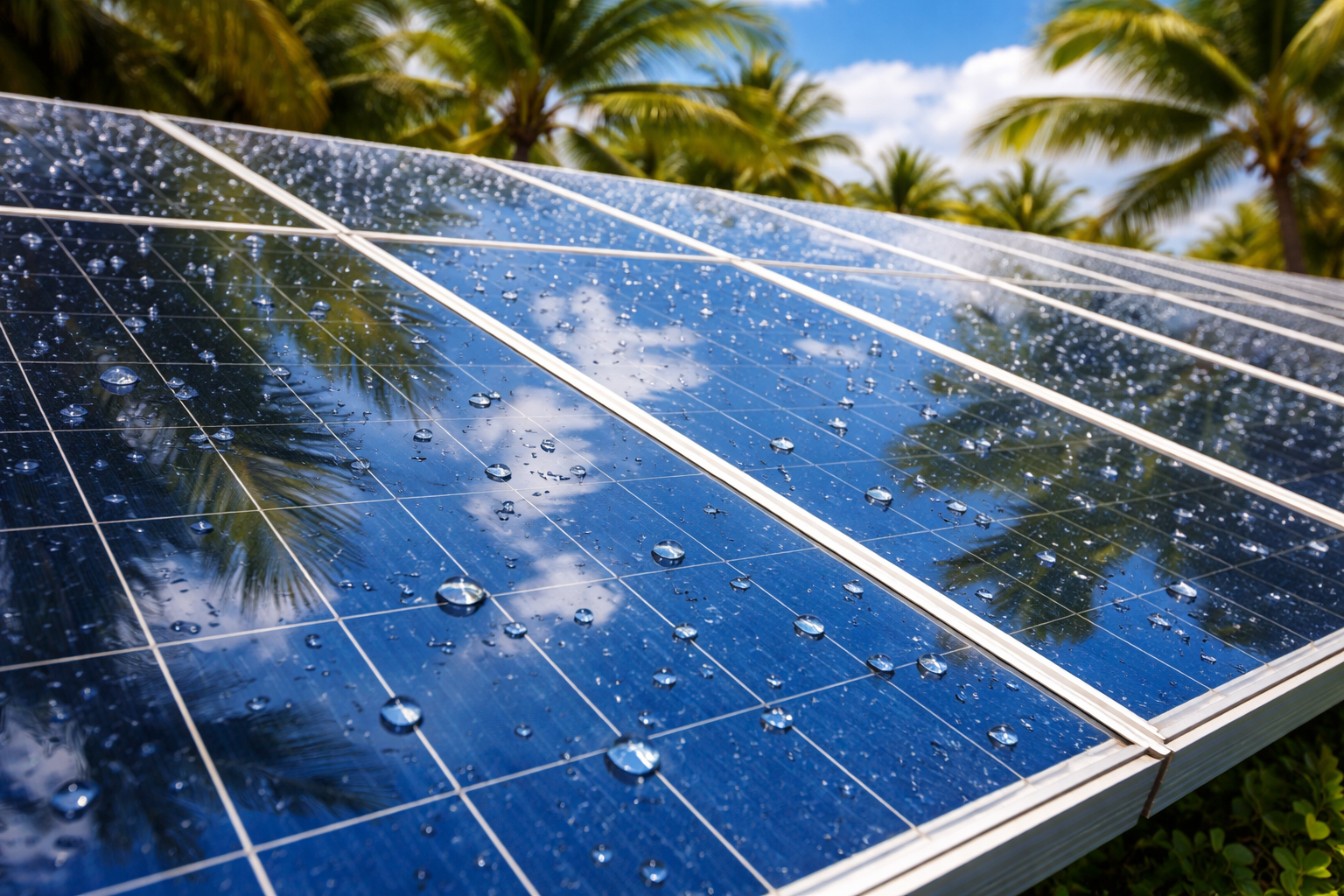 Raindrops on solar panels reflecting a bright blue sky and palm trees.
