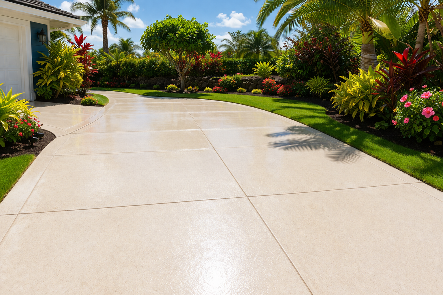 A smooth, light-colored concrete driveway leads toward a manicured tropical garden next to a house.