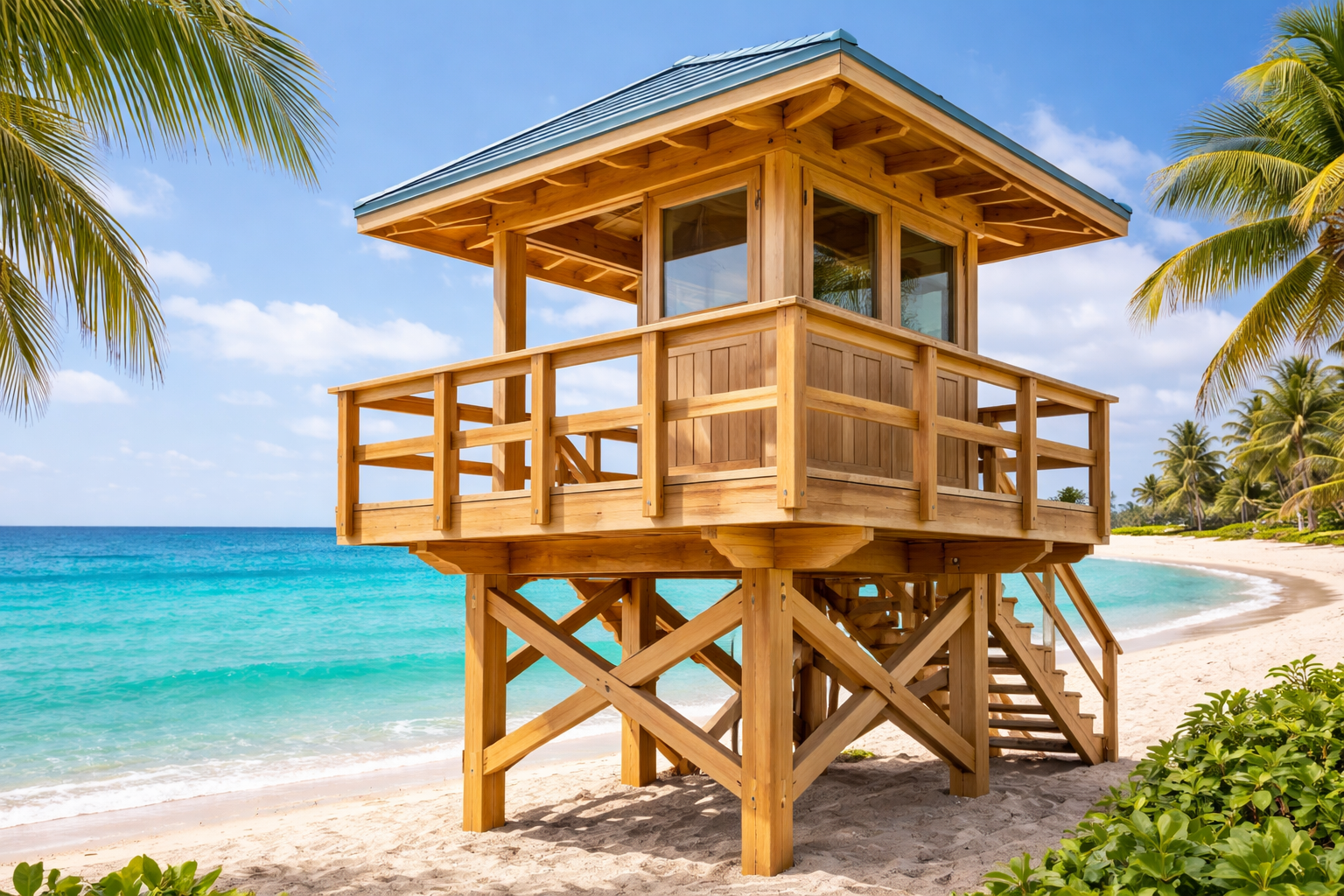 A wooden lifeguard tower stands on a sandy beach by a bright blue sea, framed by palm trees under a sunny sky.