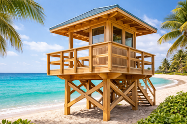 A wooden lifeguard tower stands on a sandy beach by a bright blue sea, framed by palm trees under a sunny sky.