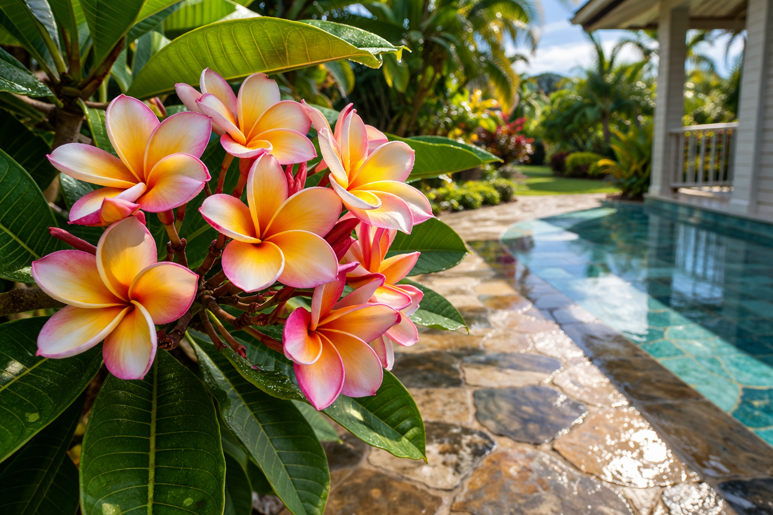 A cluster of pink and yellow plumeria flowers in the foreground, with a swimming pool and tropical patio in the background.