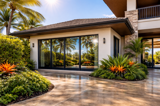 A modern, white-walled home with a dark-tiled roof, large sliding glass doors, and a tropical garden in a sunny setting.